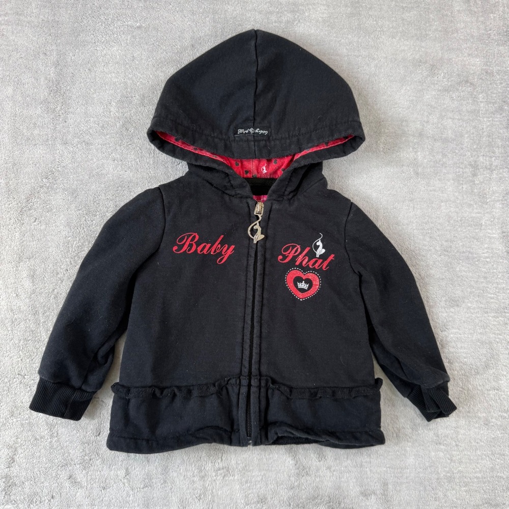 Baby Phat Hoodie Baby Girls 12M Black Red Ruffle Heart Y2K Logo Zip Sweatshirt
